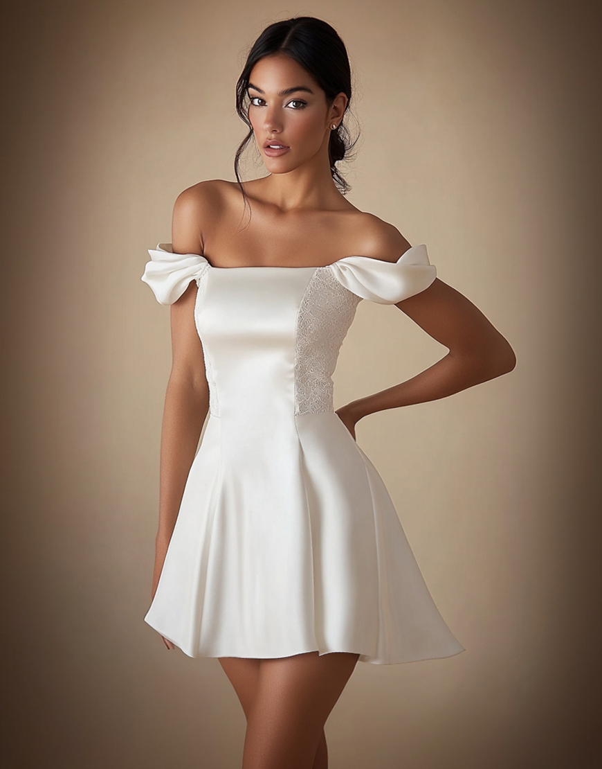 Simple A-Line Off the Shoulder Satin Little White Graduation Dress with Lace