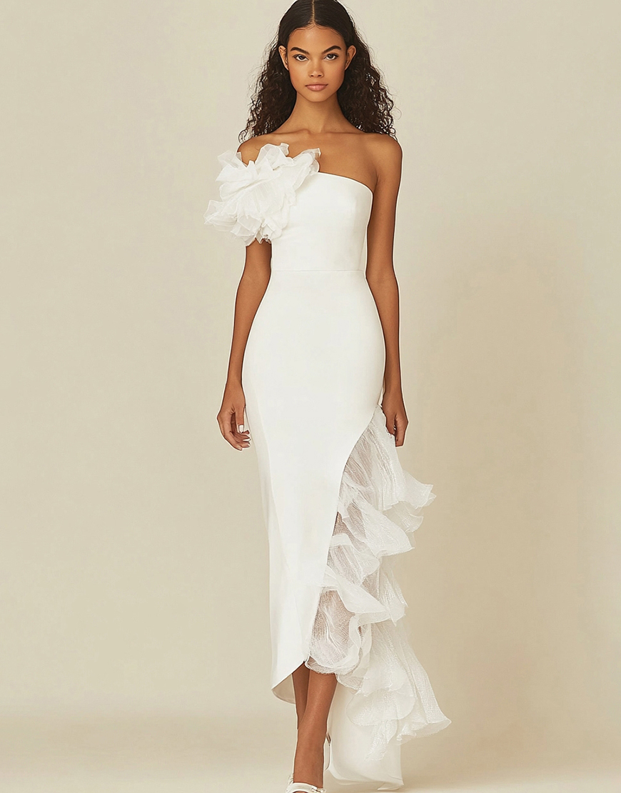 Sheath Strapless Ruffles Long Graduation Dress in White