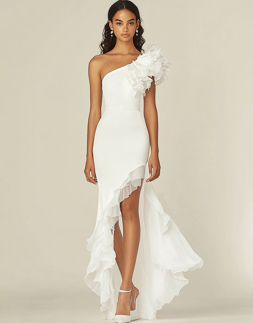 White Sheath One Shoulder Asymmetrical High Low Graduation Dress