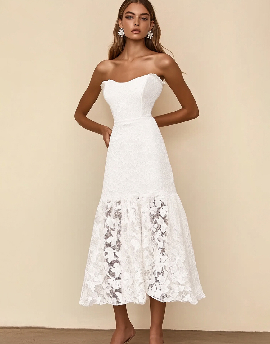 White A Line Lace Strapless Long Graduation Dress