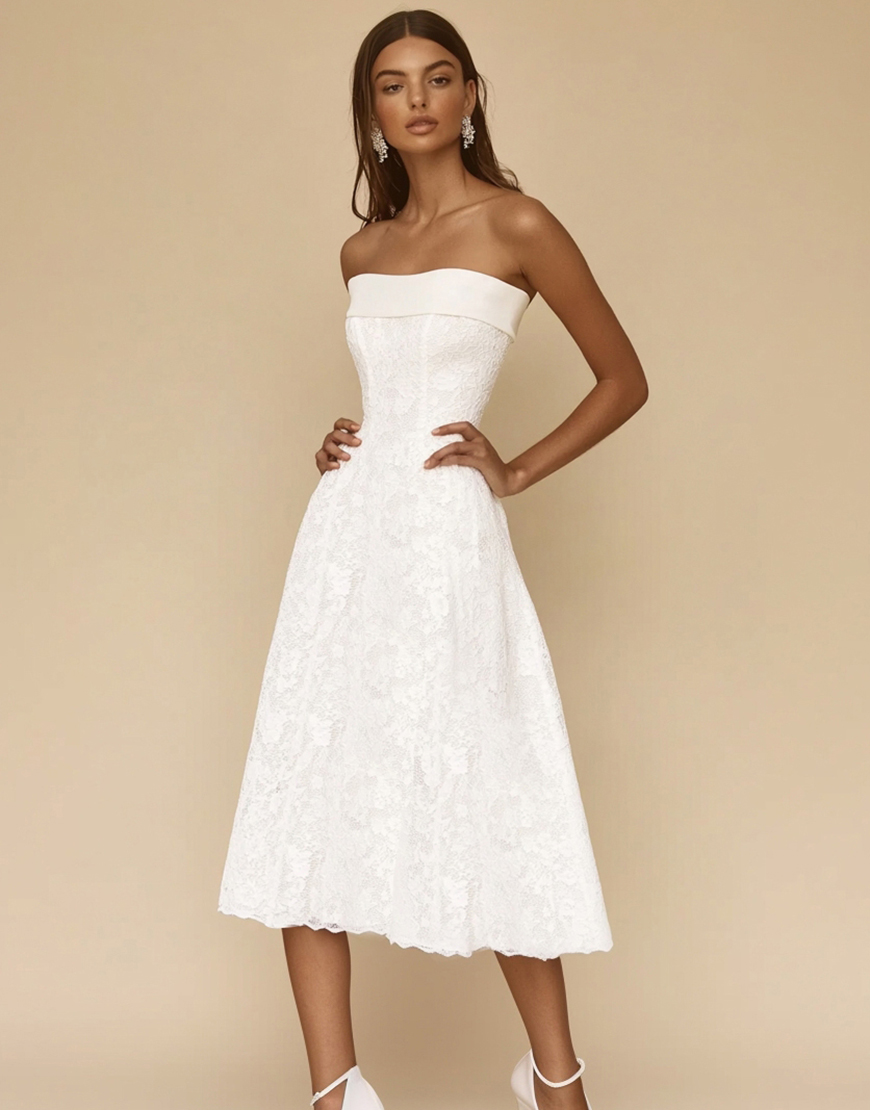 White A Line Lace Strapless Long Graduation Dress