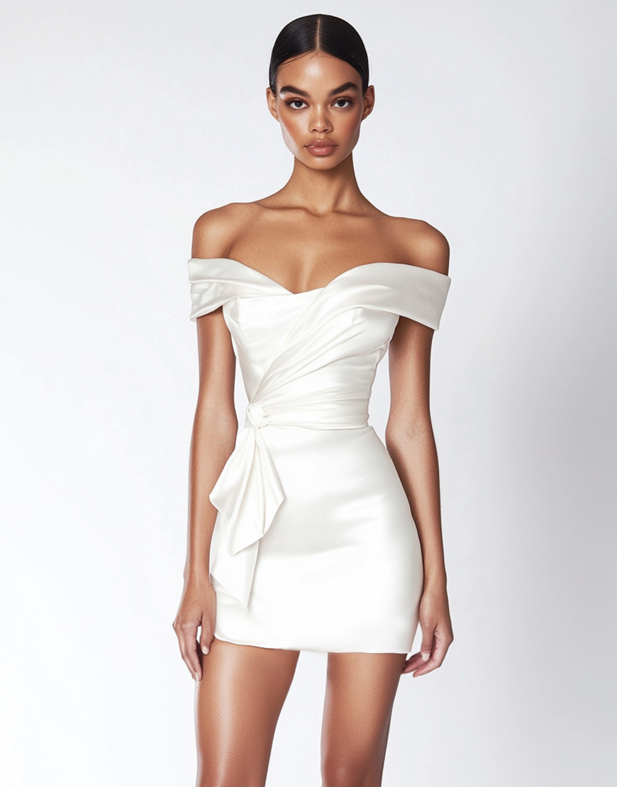 Sheath Satin Ruched Off the Shoulder Little White Graduation Dress with Ruffles