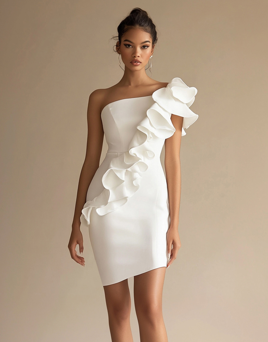 White Bodycon One Shoulder Ruffled Satin Mini Graduation Dress