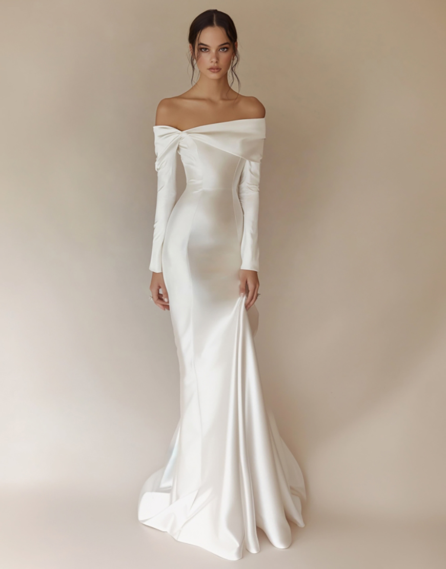 White Mermaid Off the Shoulder Sleeves Satin Long Graduation Dress