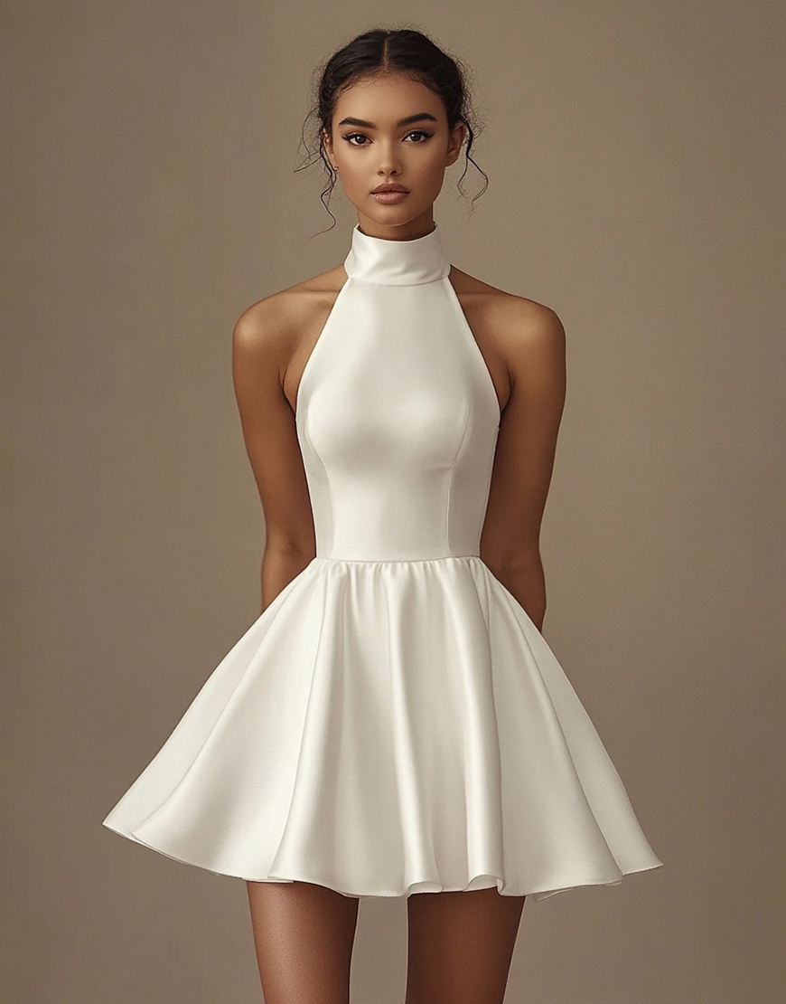 A Line High Neck Sleeveless Satin Mini Graduation Dress