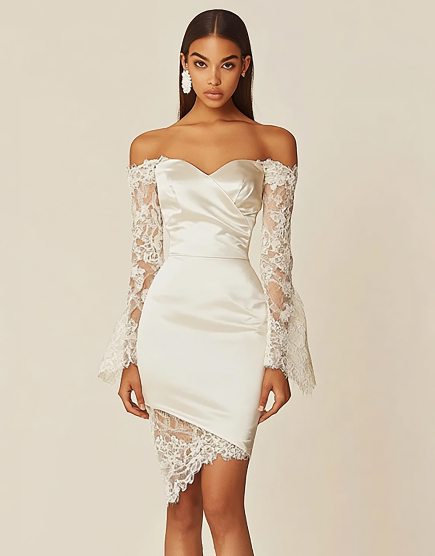White Bodycon Off the Shoulder Sleeves Mini Graduation Dress with Lace