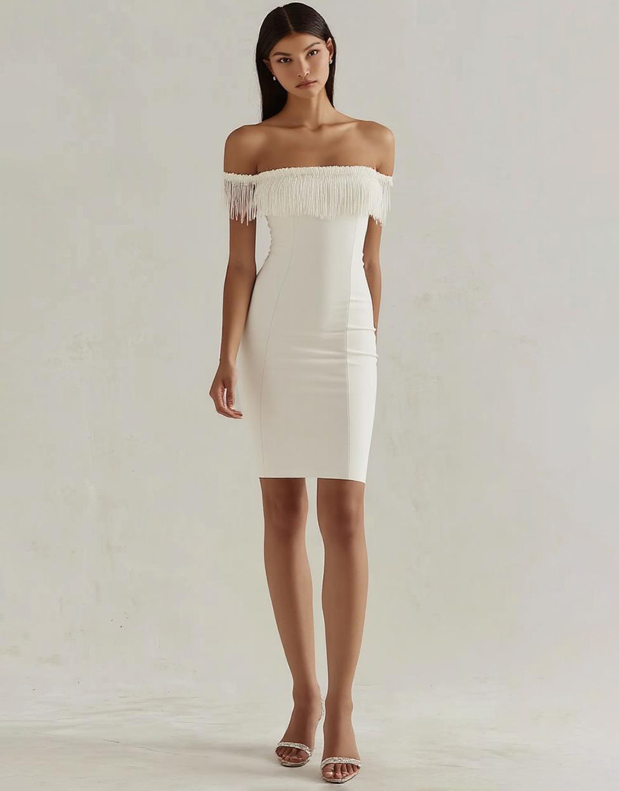 Bodycon Off the Shoulder White Short Graduation Dress with Tassels