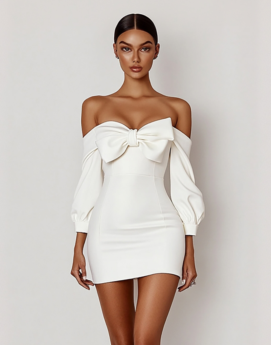 White Bodycon Off the Shoulder Long Sleeves Short Graduation Dress with Bow