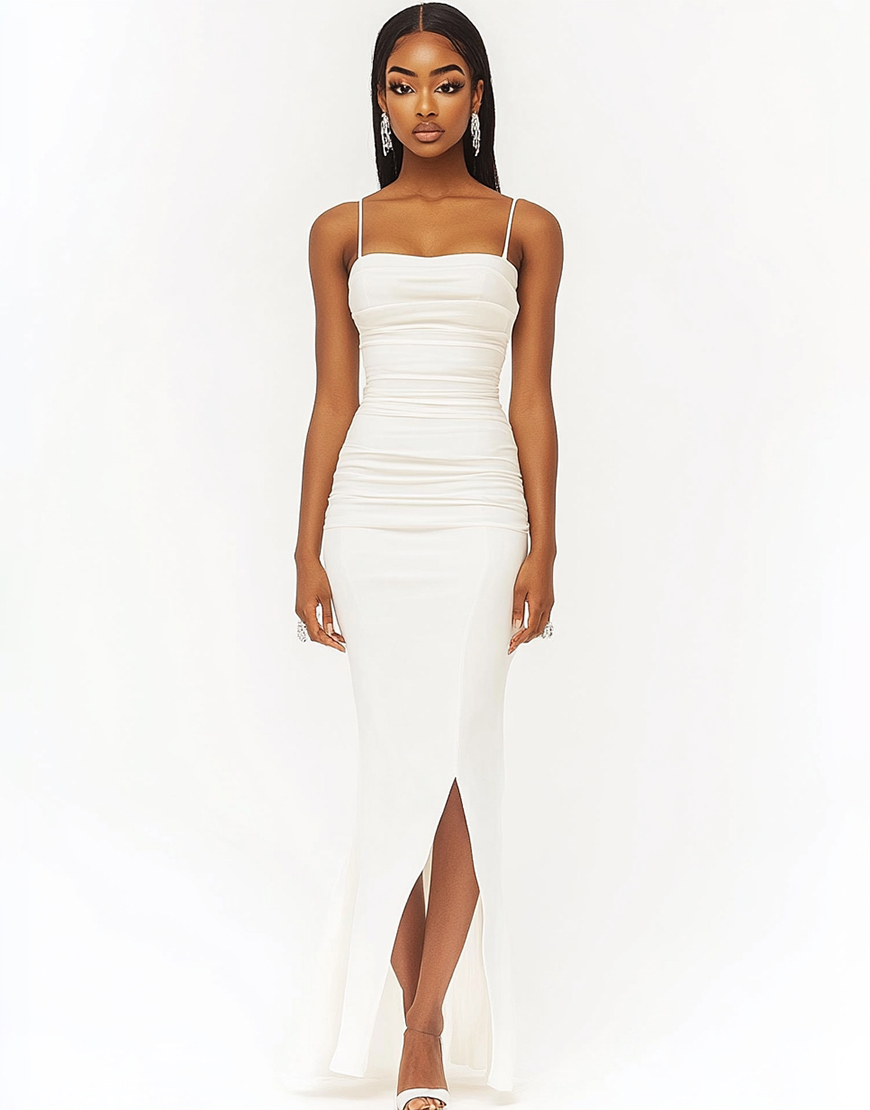 White Sheath Spaghetti Straps Ruched Long Graduation Dress with Slit