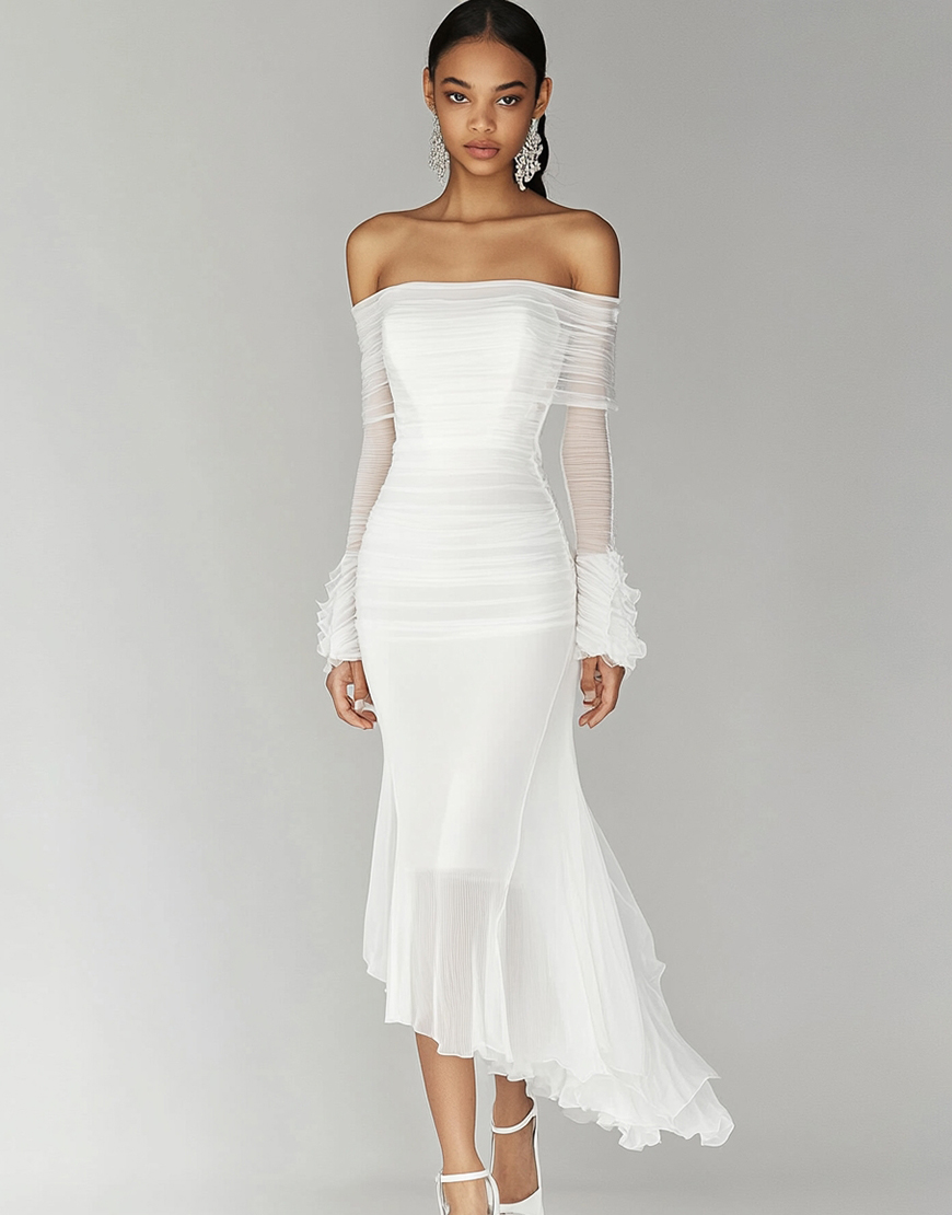 White Sheath Off the Shoulder Sleeves Chiffon Long Graduation Dress