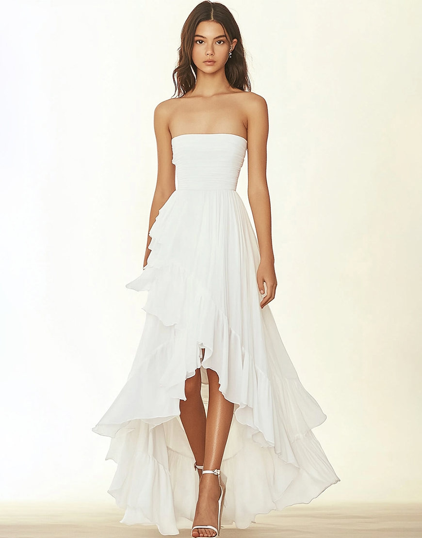 White A-Line Strapless Ruffle High Low Graduation Dress