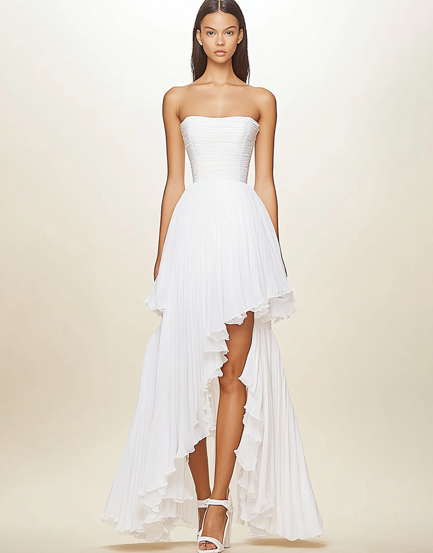 White A-Line High Low Ruffle Chiffon Graduation Dress