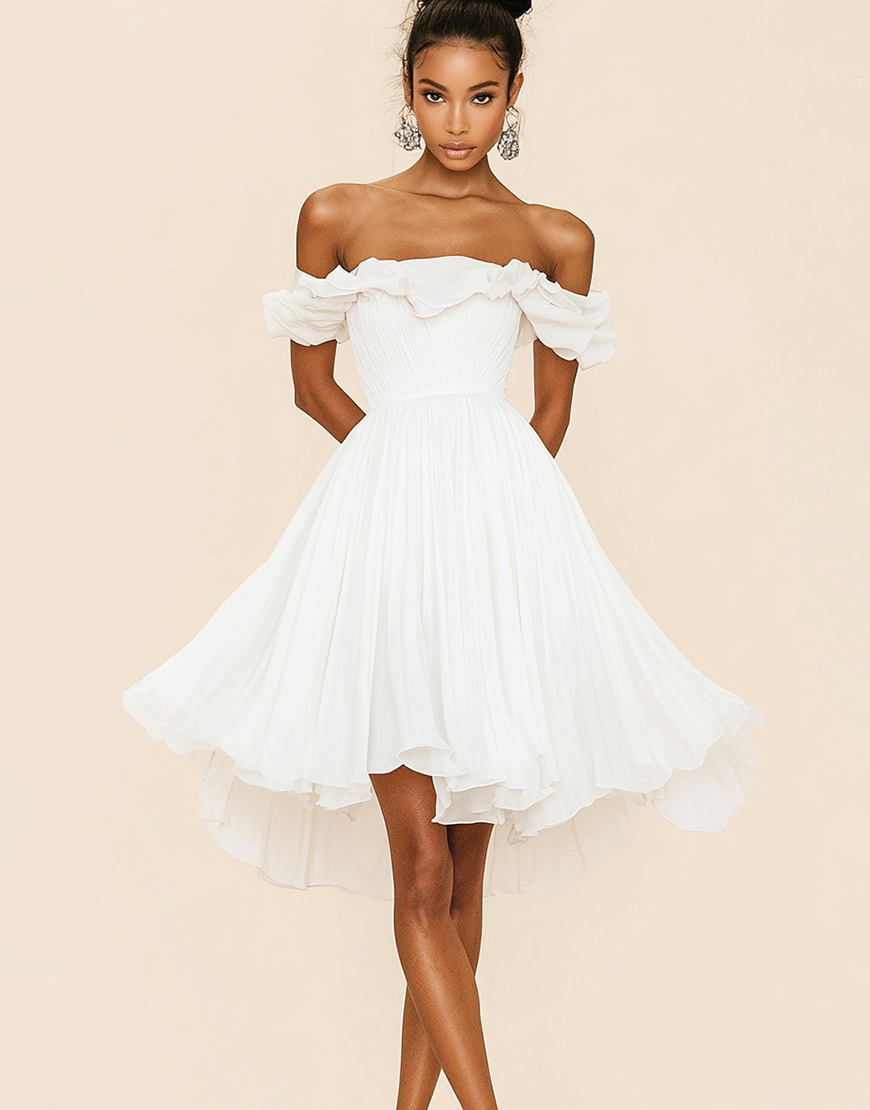 White A-Line Off the Shoulder Ruffles Organza Short Graduation Dress