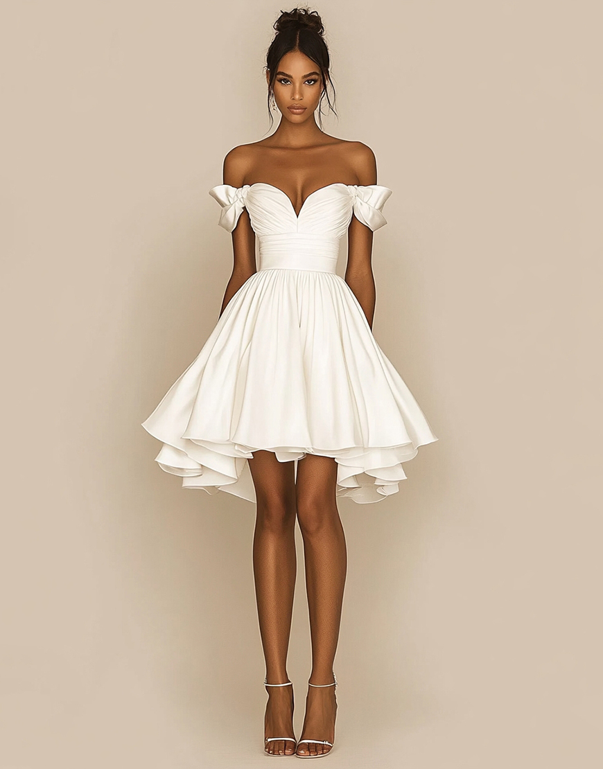 A-Line White Off the Shoulder Satin Short Graduation Dress