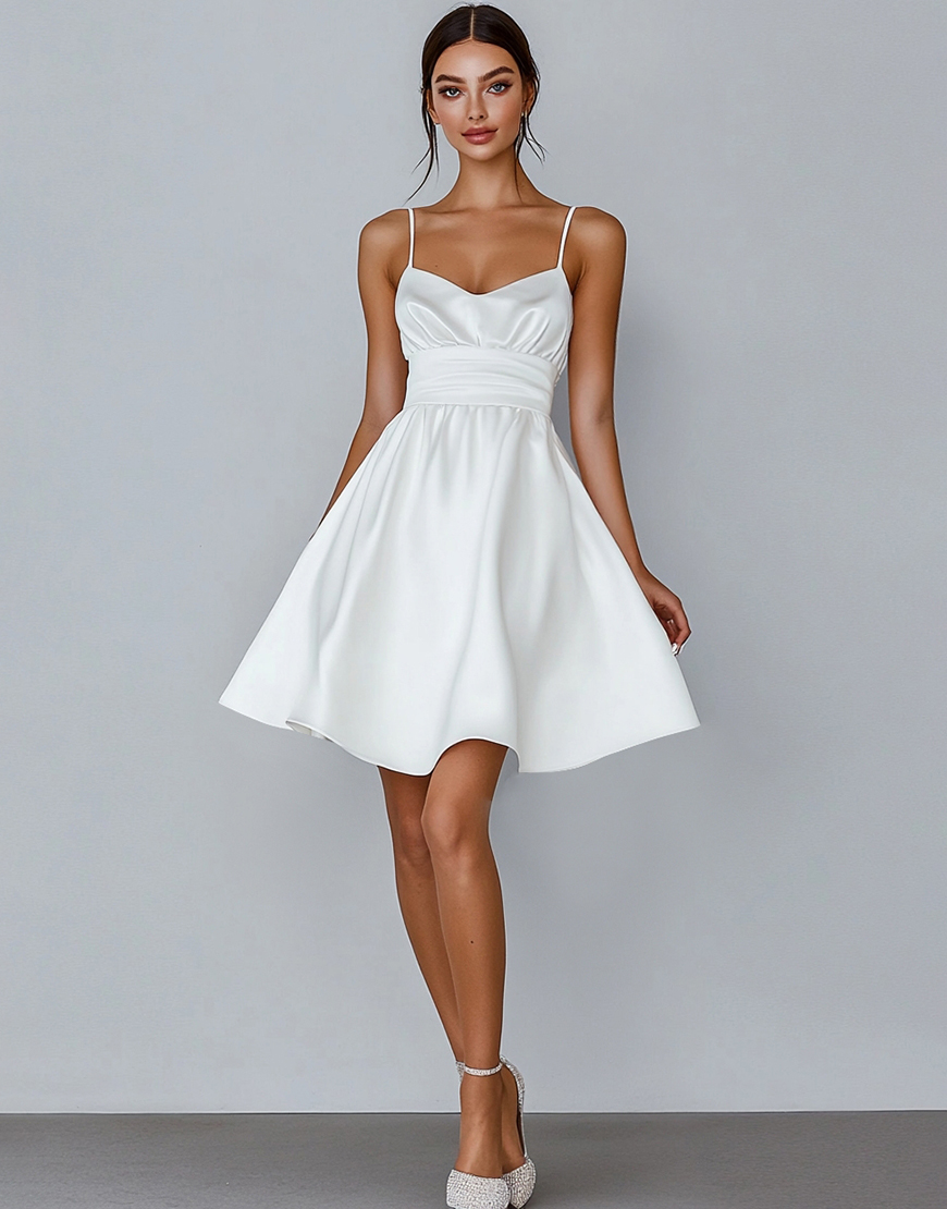 A-Line Spaghetti Straps Satin Little White Graduation Dress
