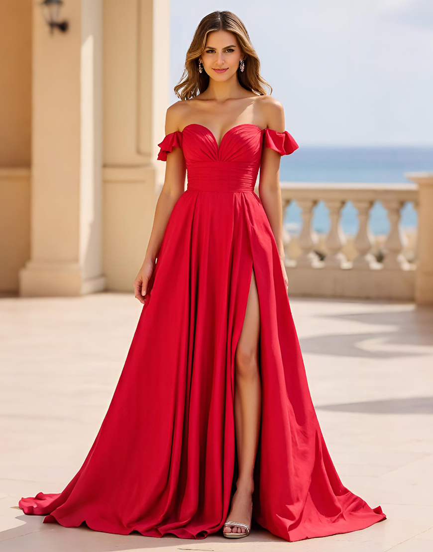 Red Off The Shoulder Long Satin A Line Prom Dress with Slit