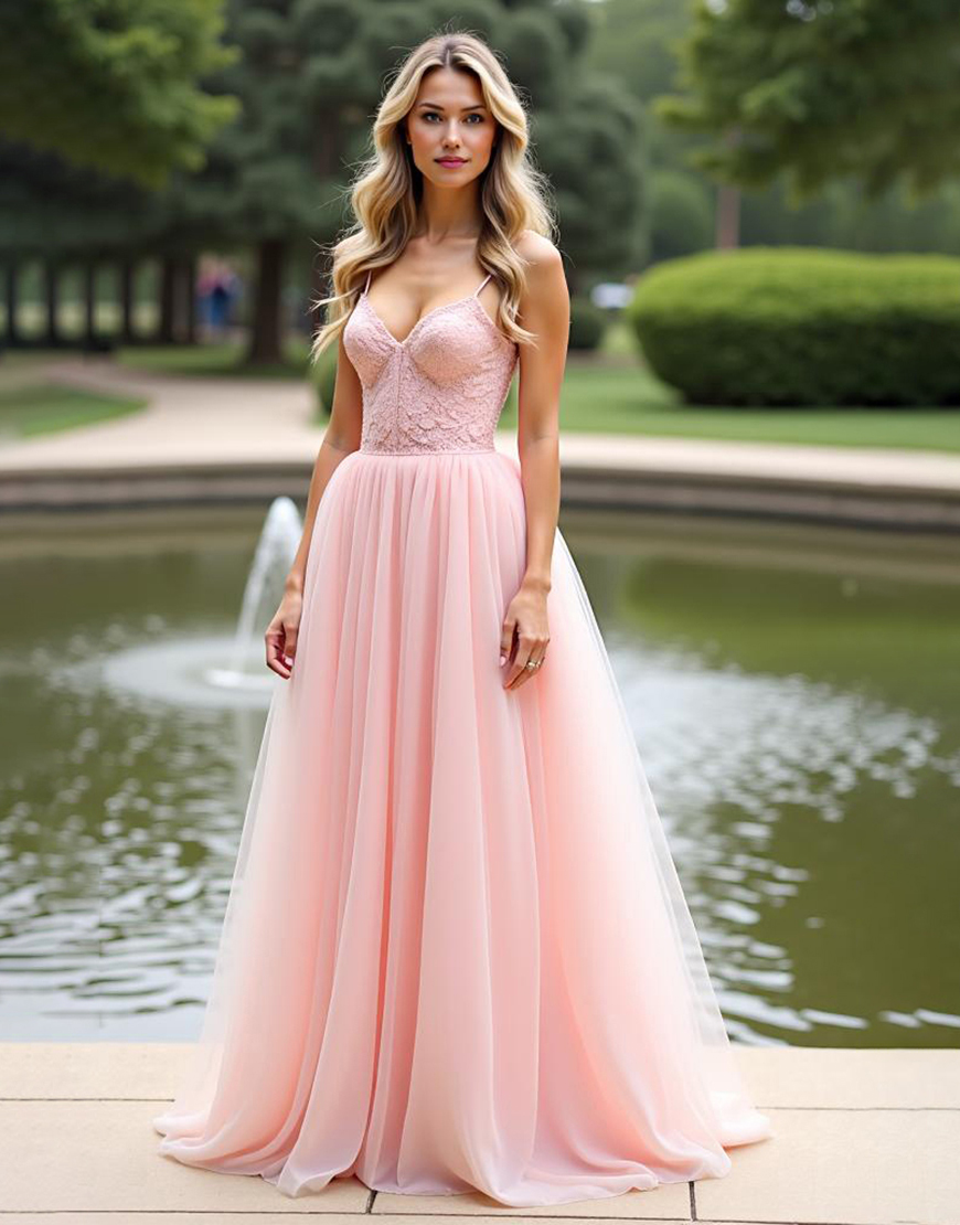 Pink Spaghetti Straps Organza Long A Line Prom Dress with Lace
