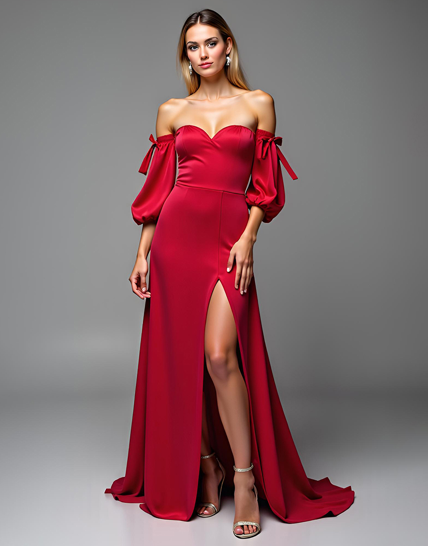 Red Satin Puff Sleeves Long A Line Sweetheart Prom Dress with Slit