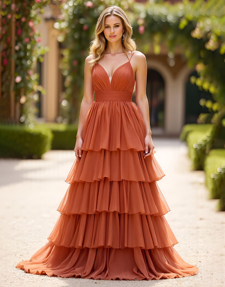 Terracotta Spaghetti Straps Ball Gown Long Prom Dress with Ruffles