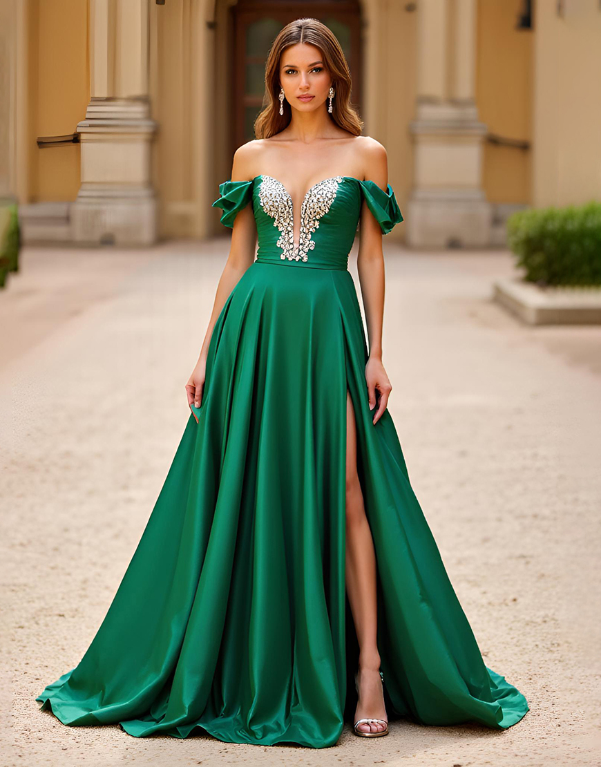 Dark Green Off The Shoulder Ball Gown Long Prom Dress with Ruffles