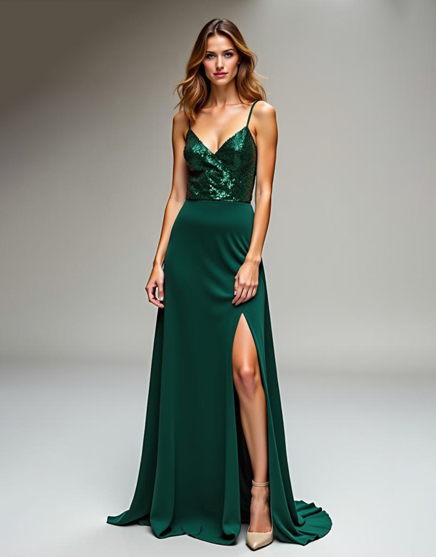 Dark Green Spaghetti Straps Sheath Long Prom Dress with Slit