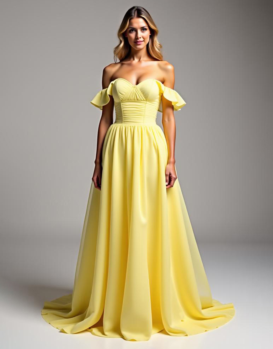 Light Yellow Chiffon Ball Gown Long Prom Dress with Ruffles