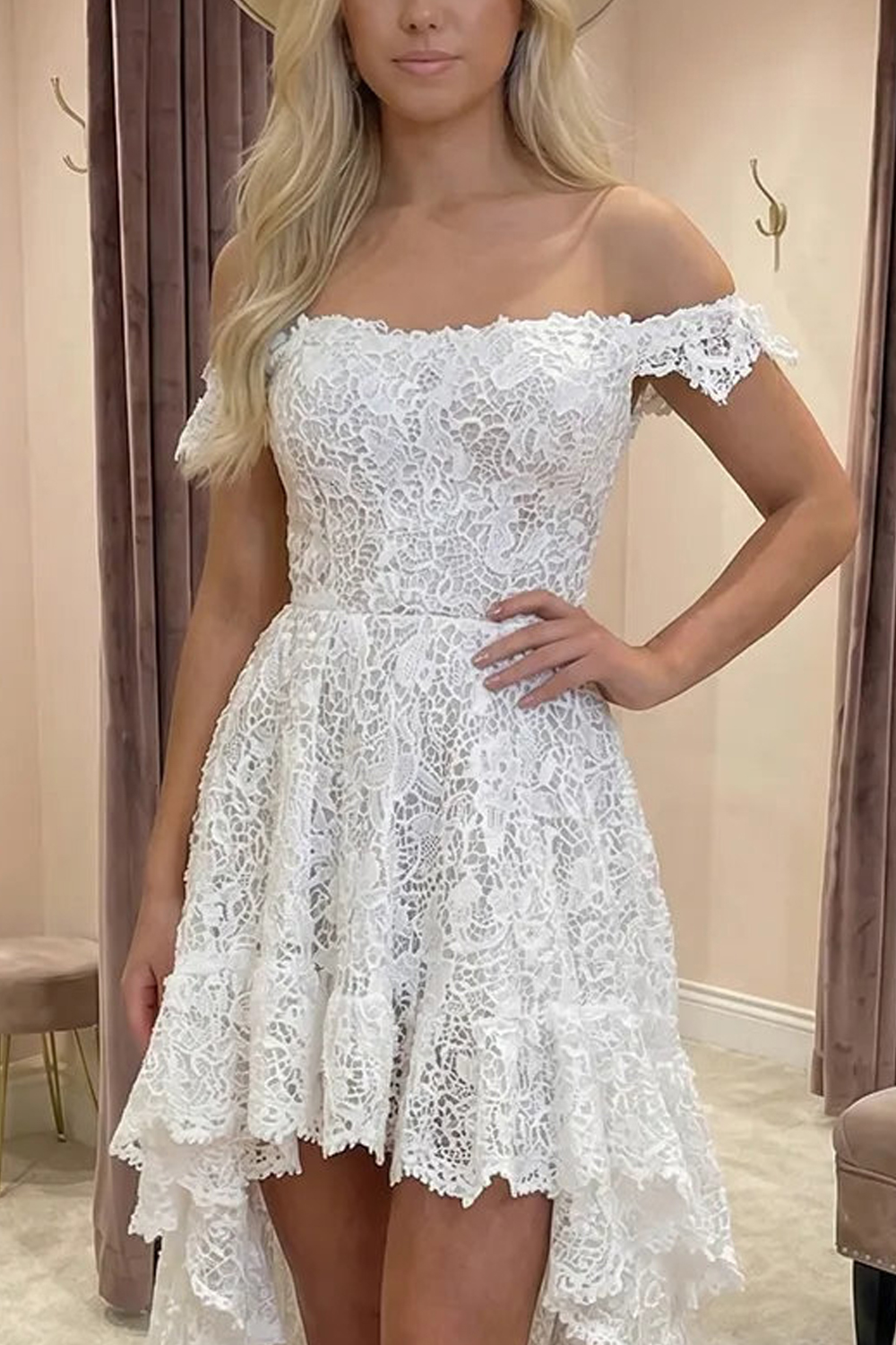White Lace A Line Off The Shoulder High-Low Boho Graduation Dress with Ruffles