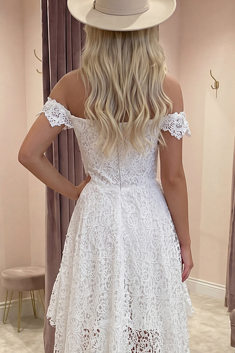 White Lace A Line Off The Shoulder High-Low Boho Graduation Dress with Ruffles