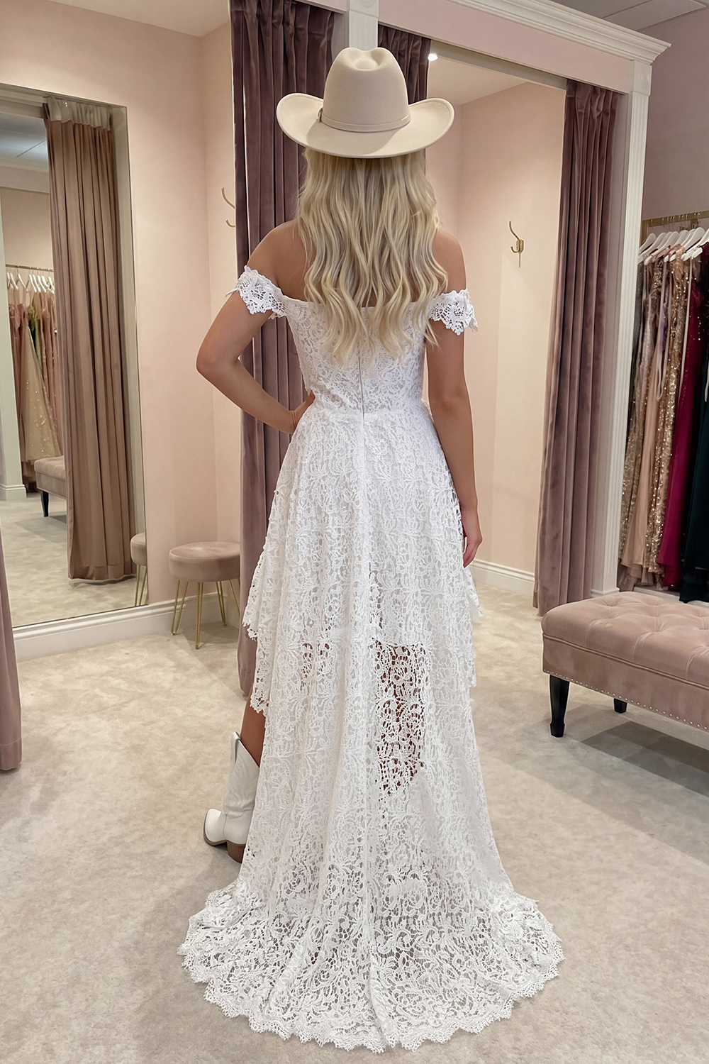 White Lace A Line Off The Shoulder High-Low Boho Graduation Dress with Ruffles