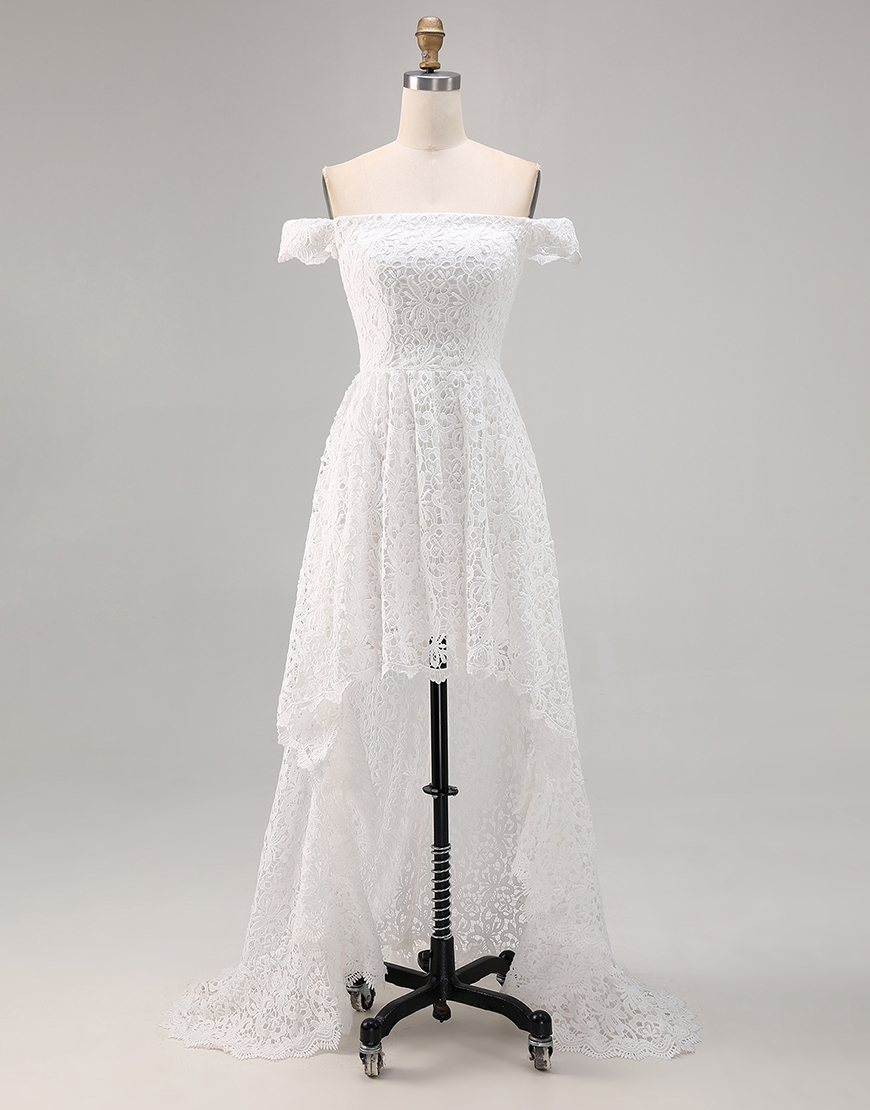 White Off The Shoulder Lace High-Low A Line Boho Maxi Dress