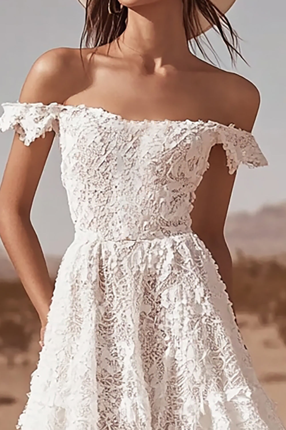 White Lace A Line Off The Shoulder High-Low Boho Graduation Dress with Ruffles