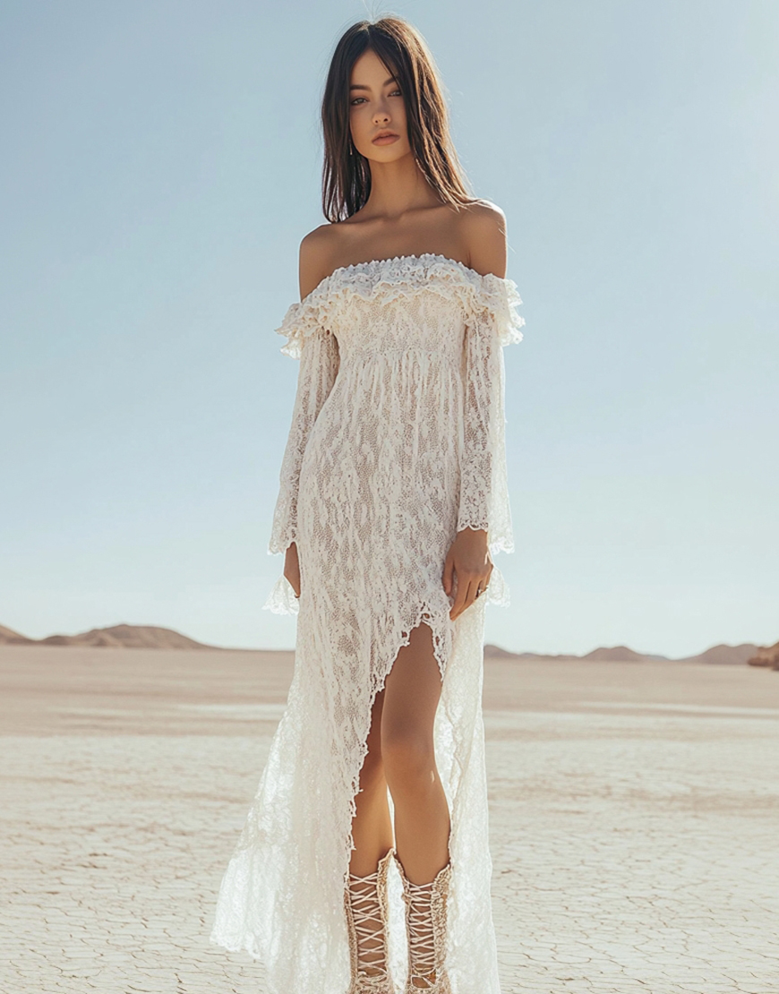White Off The Shoulder Lace Boho Maxi Dress with Slit