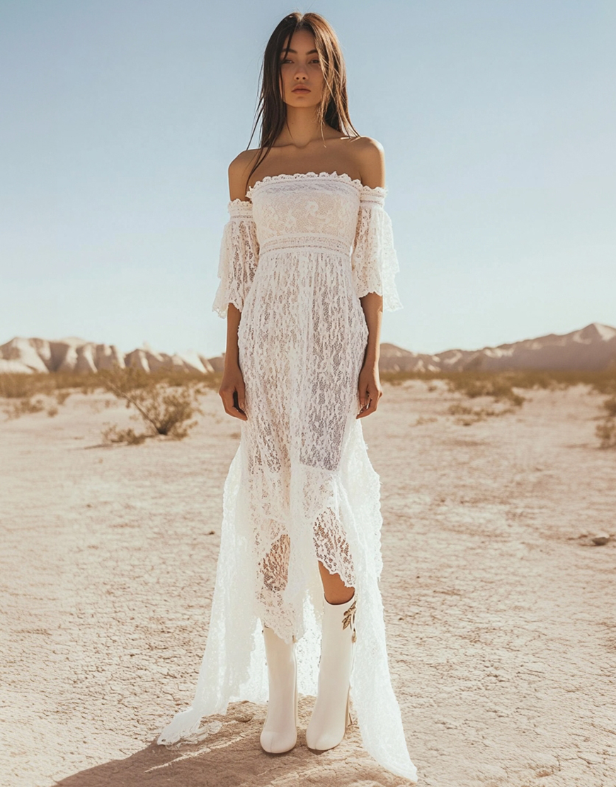 White Off The Shoulder Lace Boho Maxi Dress with Flare Sleeves
