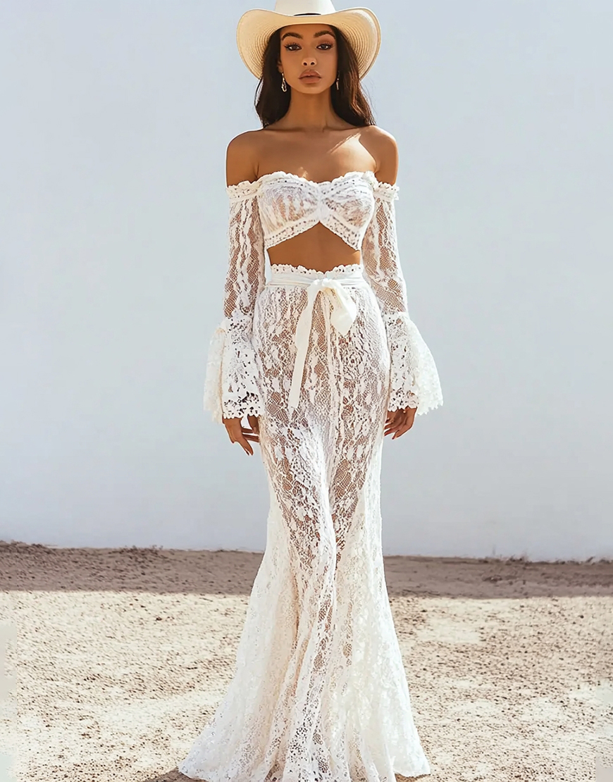 White Two Piece Lace Boho Maxi Dress with Sash