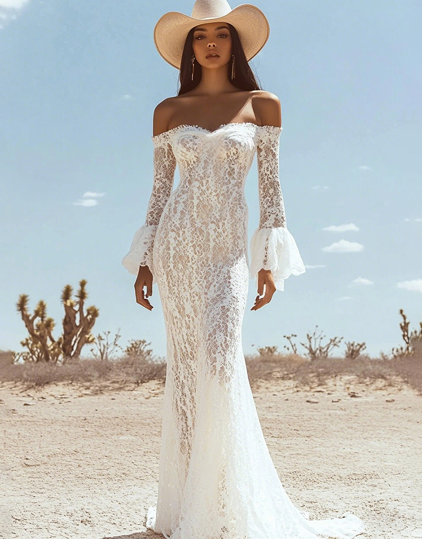 White Lace Mermaid Off The Shoulder Boho Maxi Dress