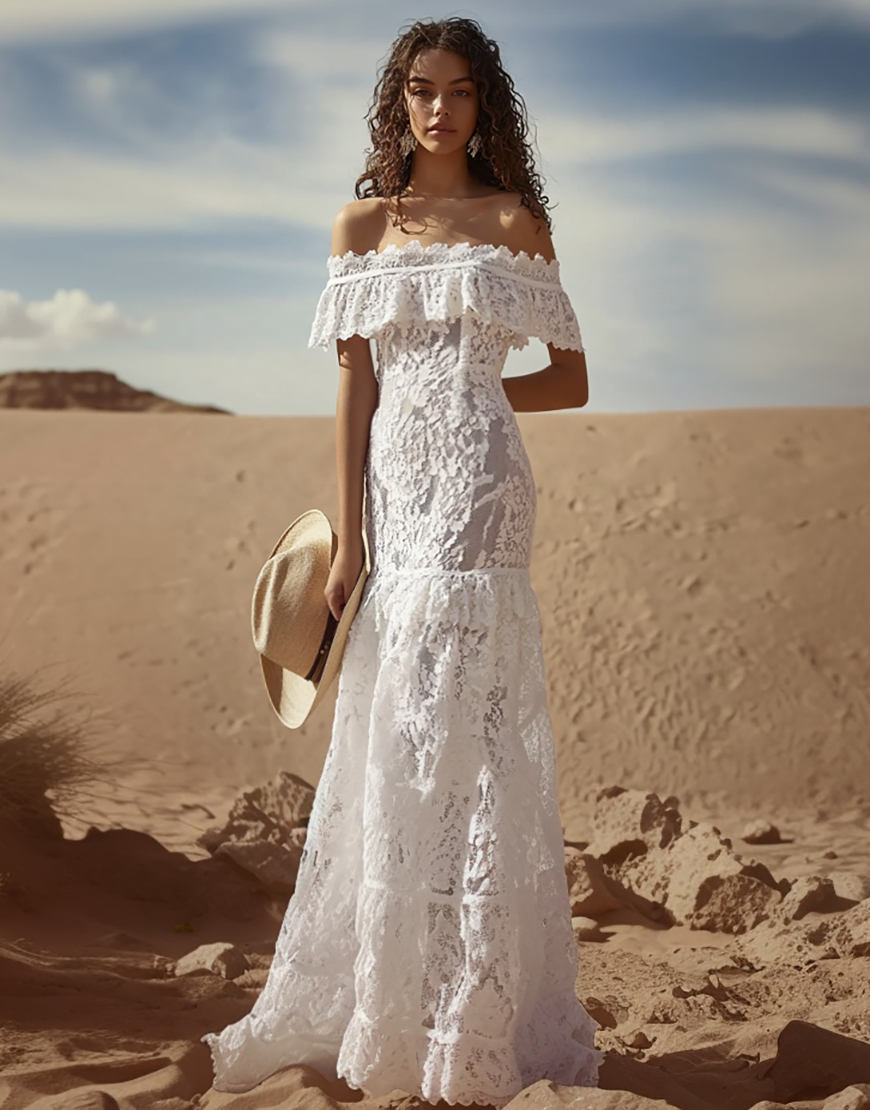 White Off The Shoulder Lace Boho Maxi Dress with Ruffles