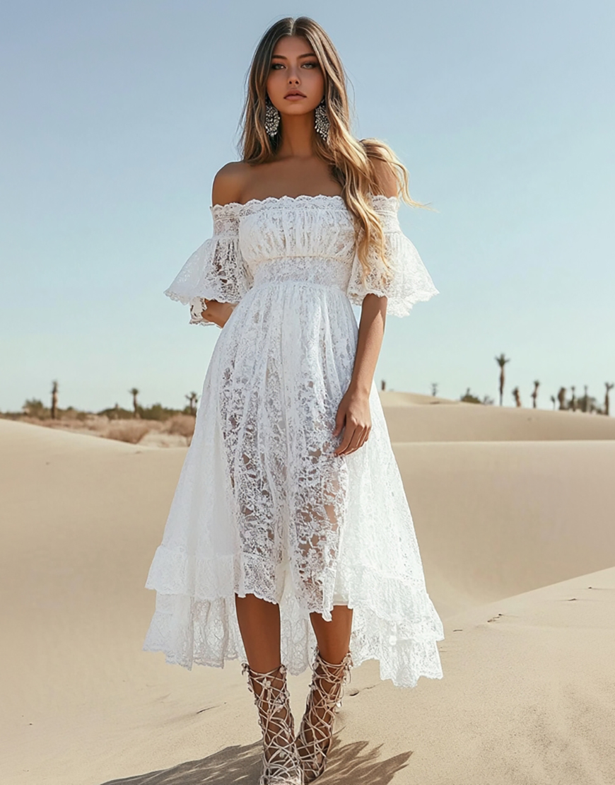White A Line High-Low Boho Graduation Dress with Pleats