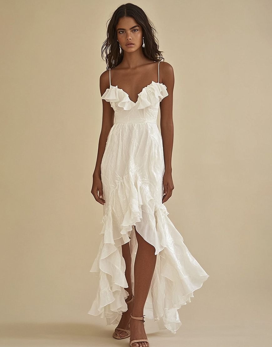 White High-Low Chiffon Mermaid Graduation Dress with Ruffles