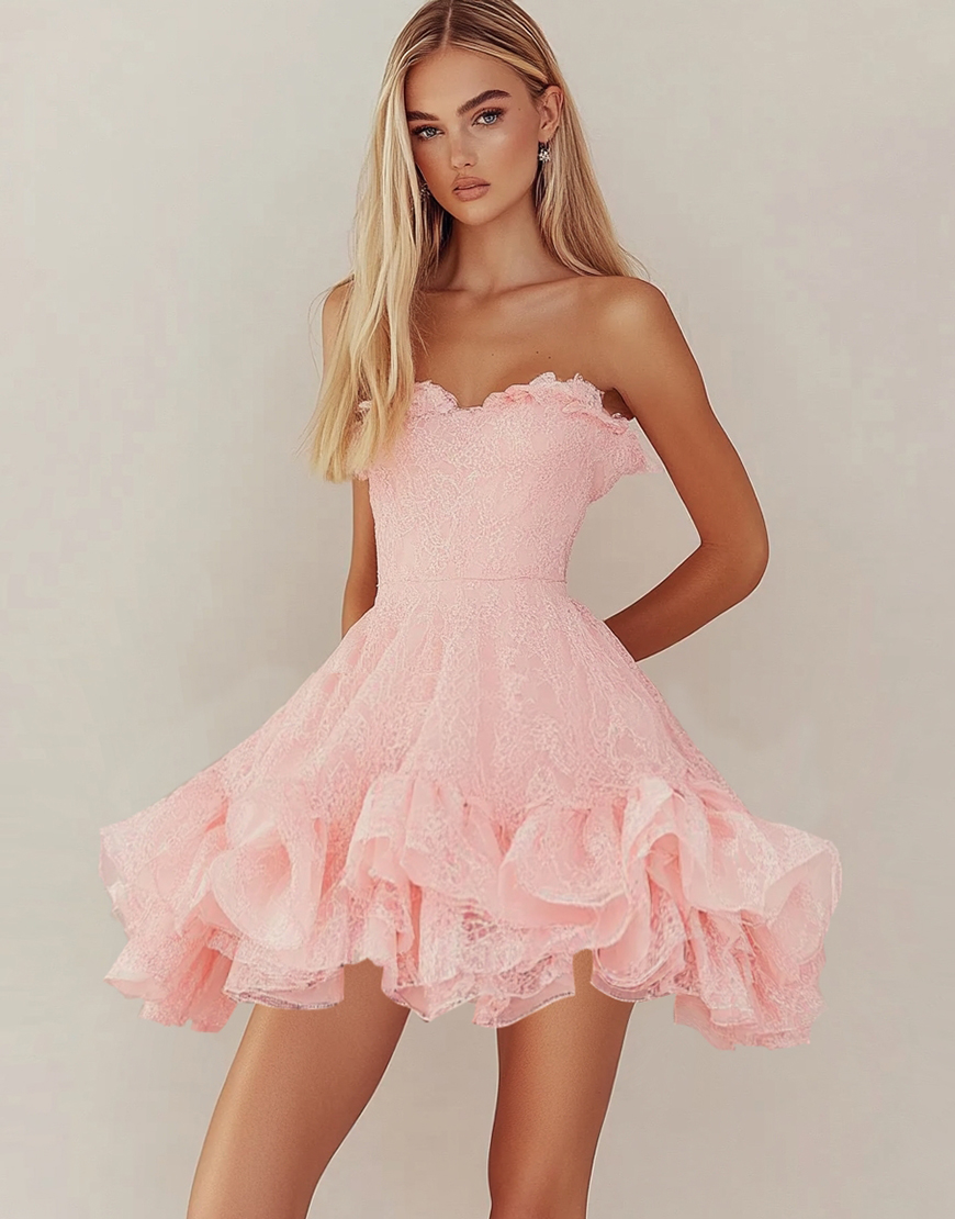 Pink Short Lace Graduation Dress with Ruffles