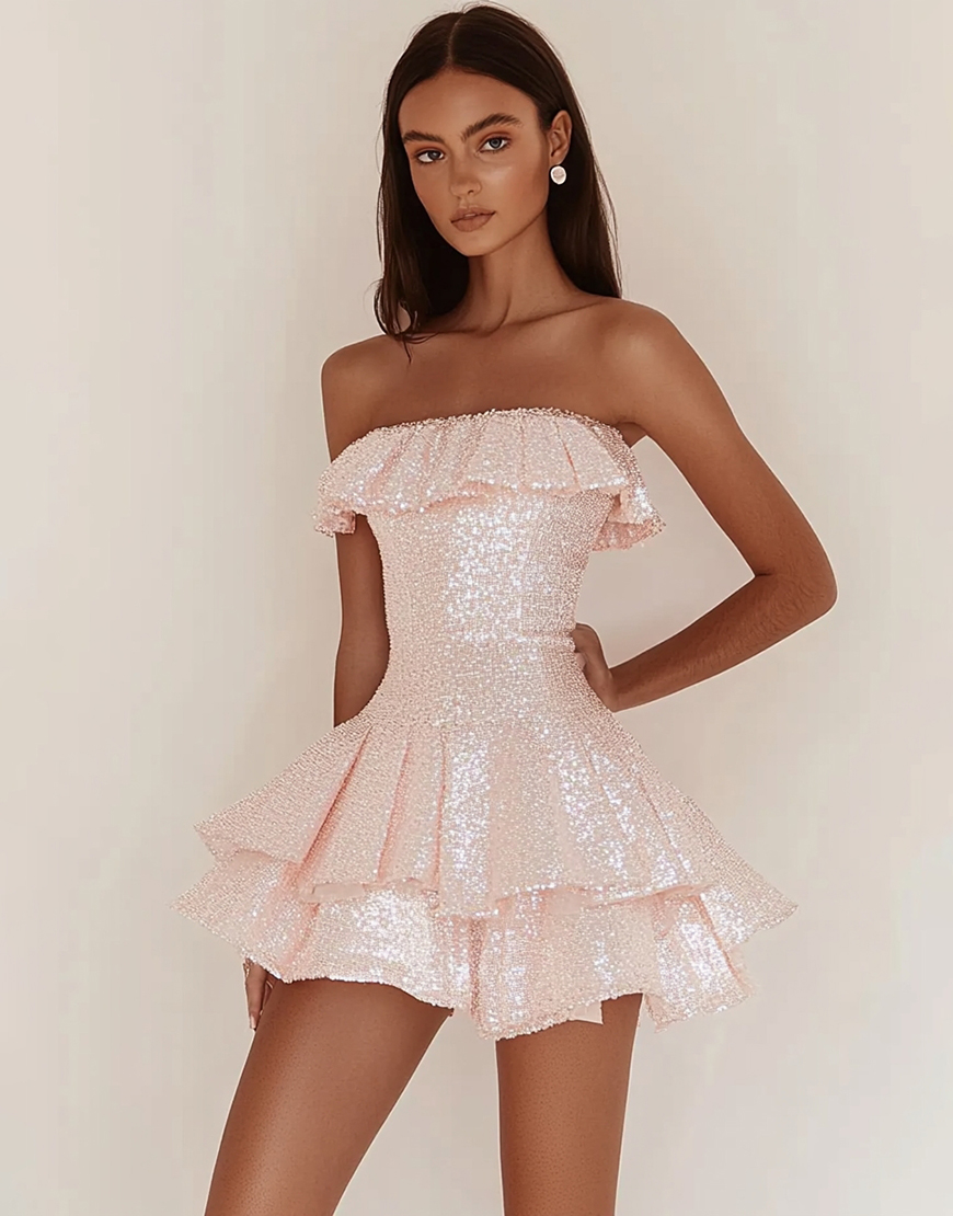Sparkly Pink Sequins Strapless Short A Line Graduation Dress