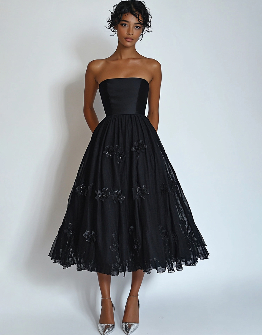 Black Strapless Satin A Line Formal Dress with Flowers