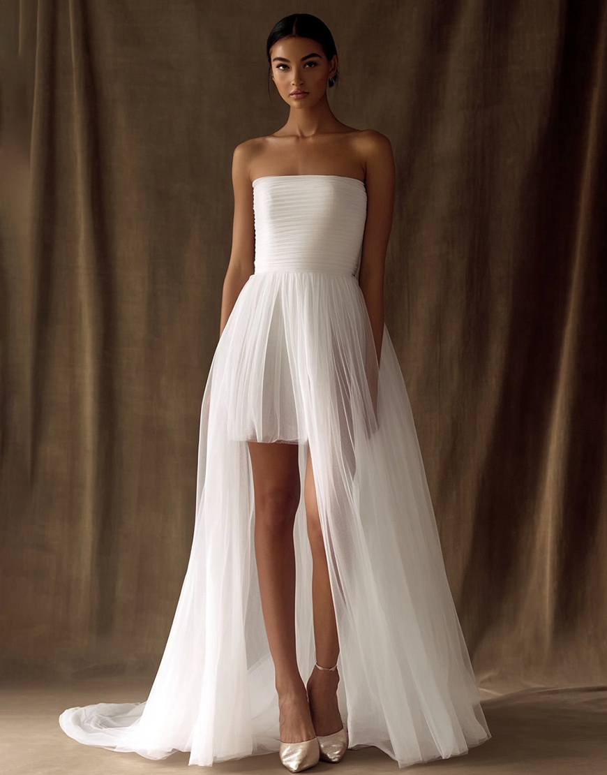 White Tulle High-Low Strapless Pleated Engagement Dress