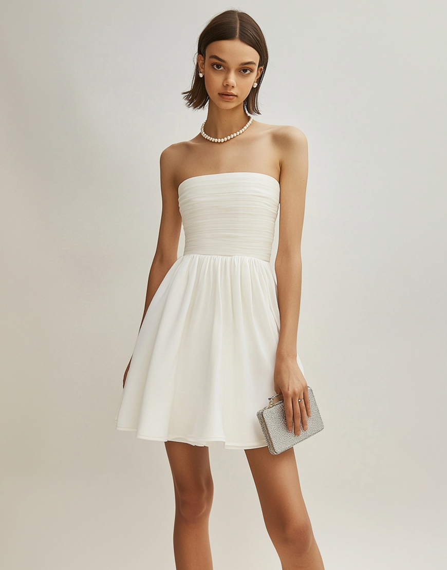 White Strapless Satin Ruched Short Graduation Dress