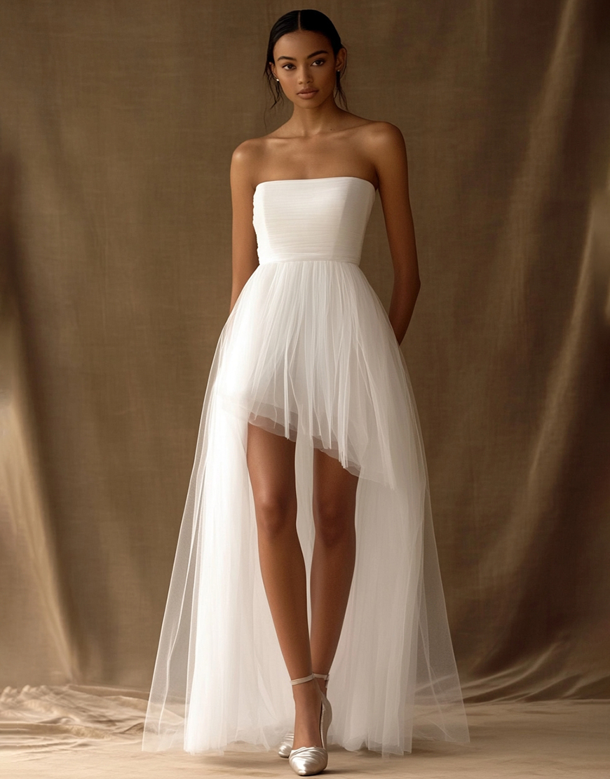 White Strapless Tulle High-Low A Line Graduation Dress