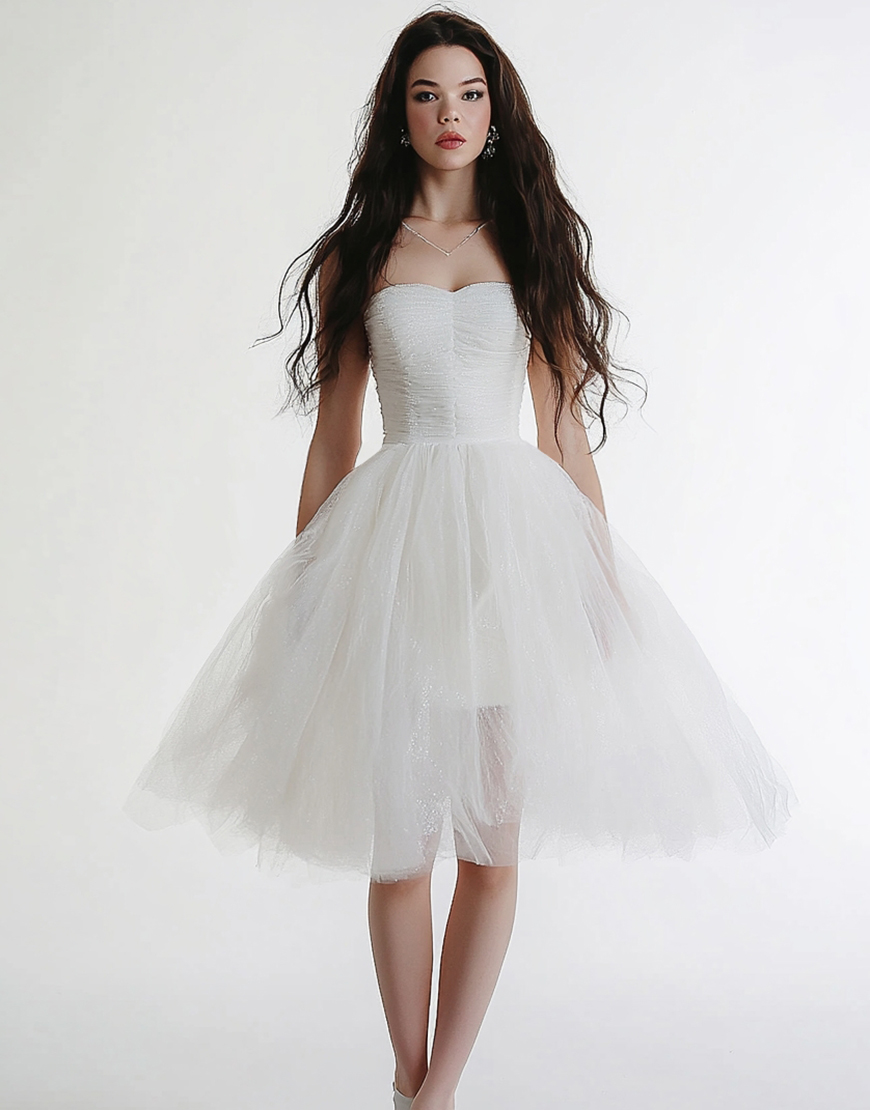White Tulle Midi Strapless A Line Graduation Dress