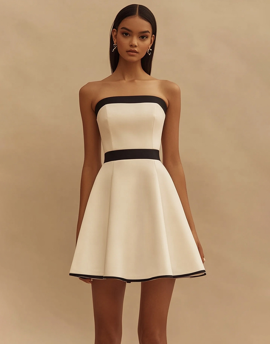 Ivory and Black Strapless Satin Short A Line Graduation Dress