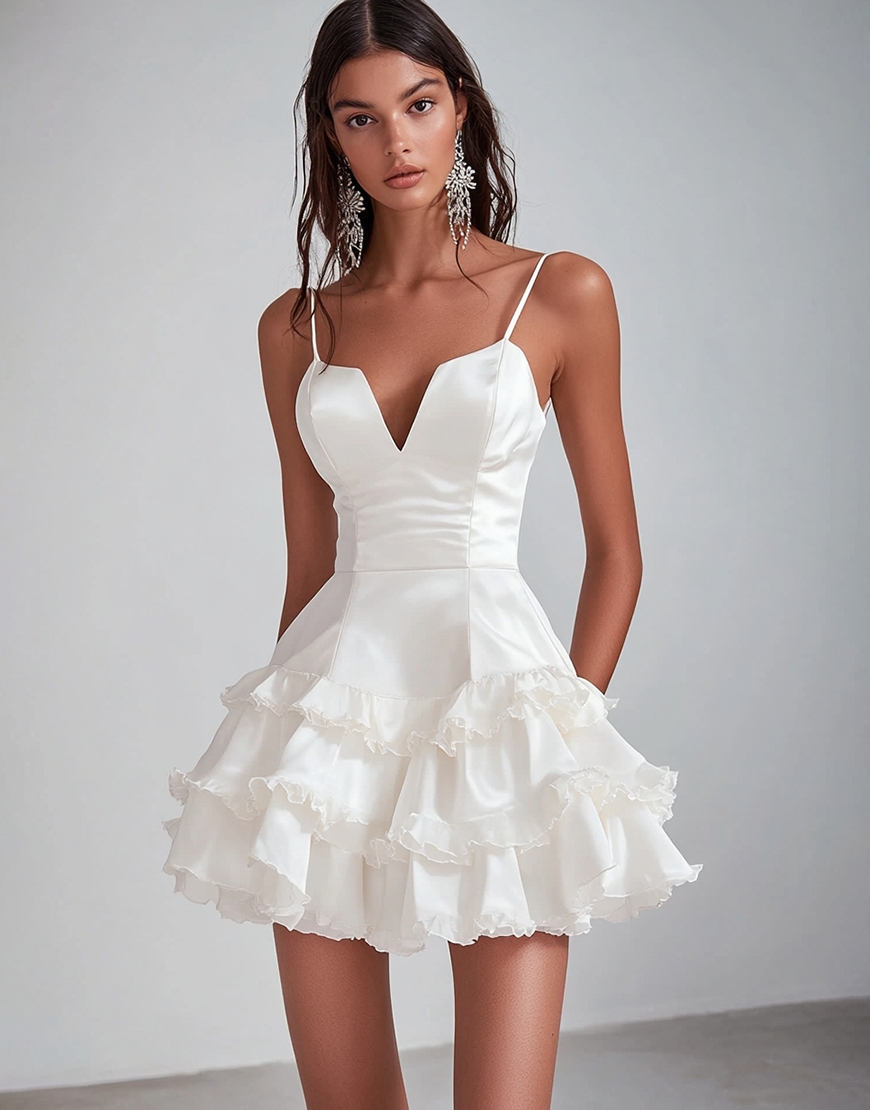 White Spaghetti Straps Satin Short Graduation Dress with Ruffles