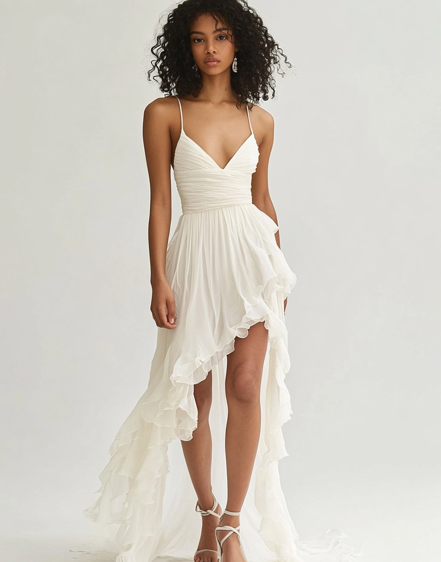 Ivory Chiffon Pleated V Neck Graduation Dress with Ruffles