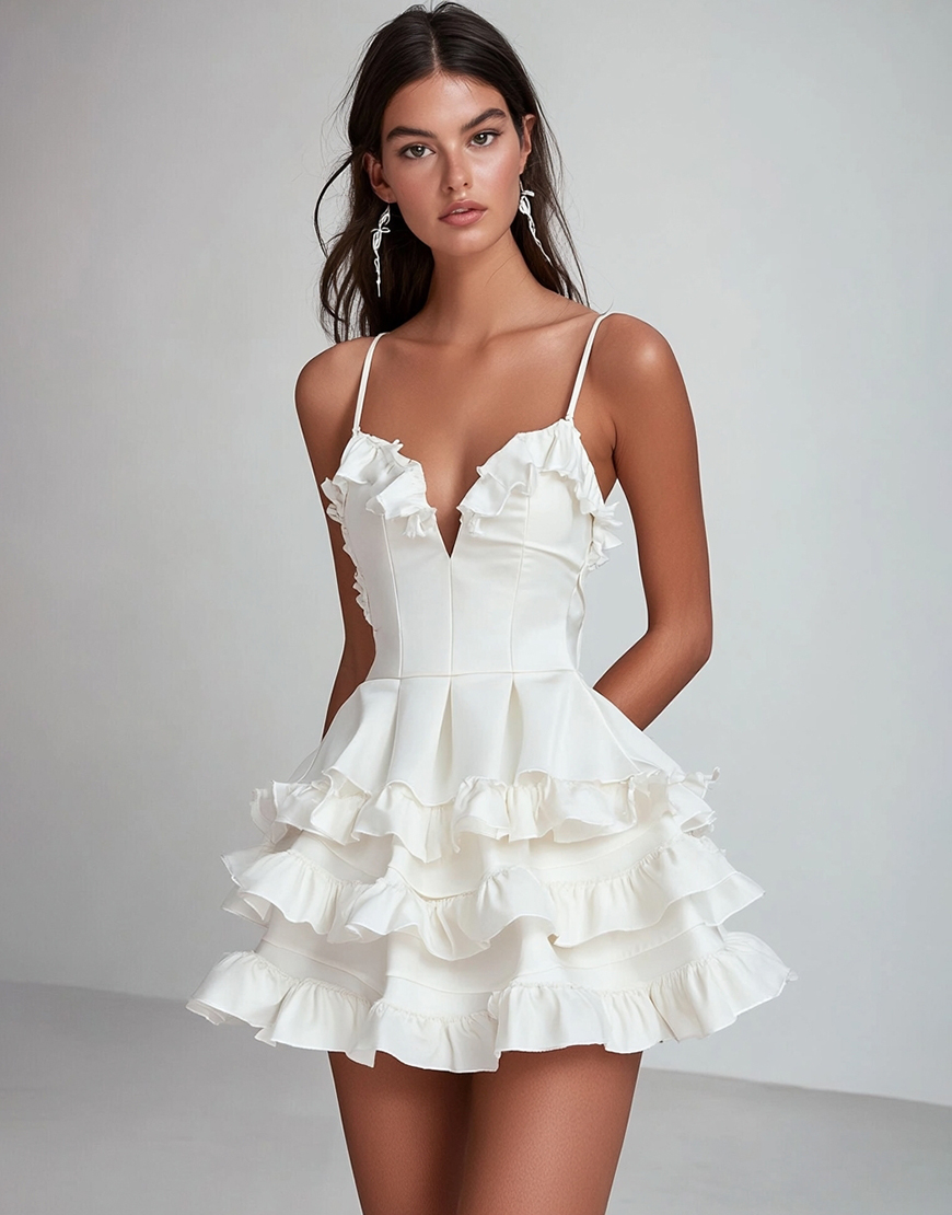 White Short Ruched Satin Graduation Dress with Ruffles