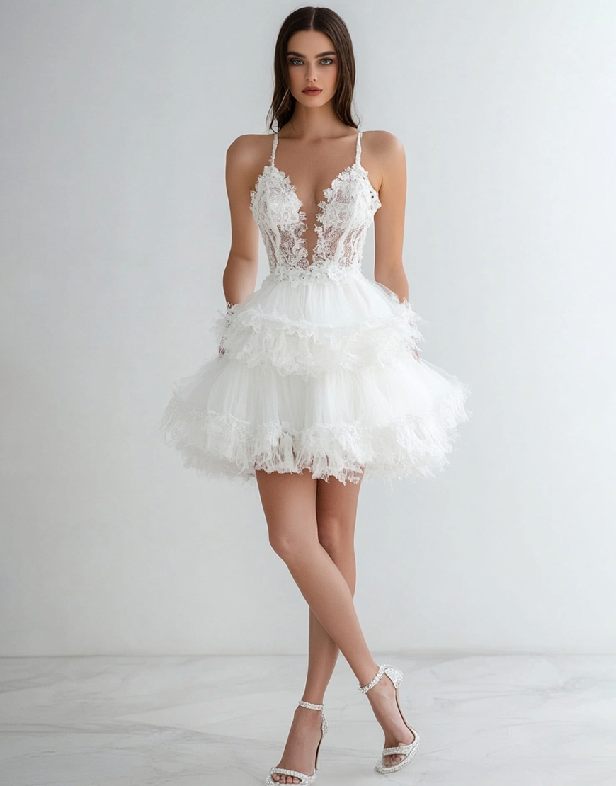 White Tulle Short A Line Graduation Dress with Lace